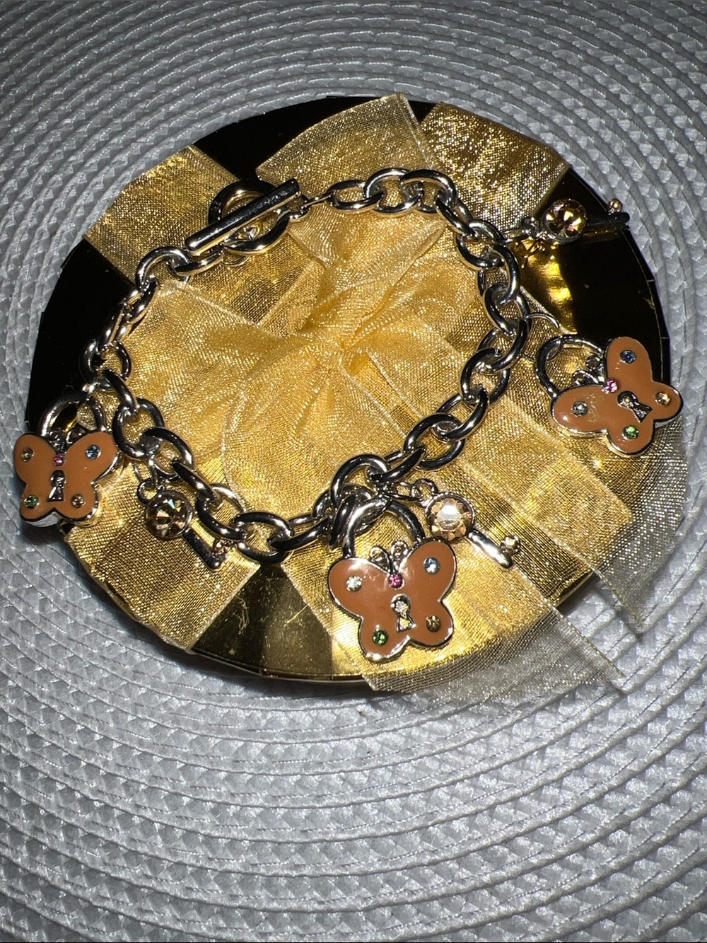 Gold Chain Bracelet with Pink-Orange Butterfly Charms
